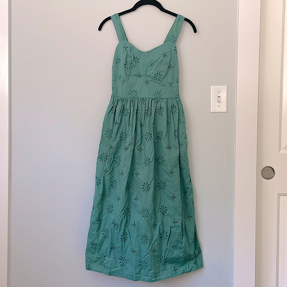 J Crew Factory cotton green eyelet midi dress